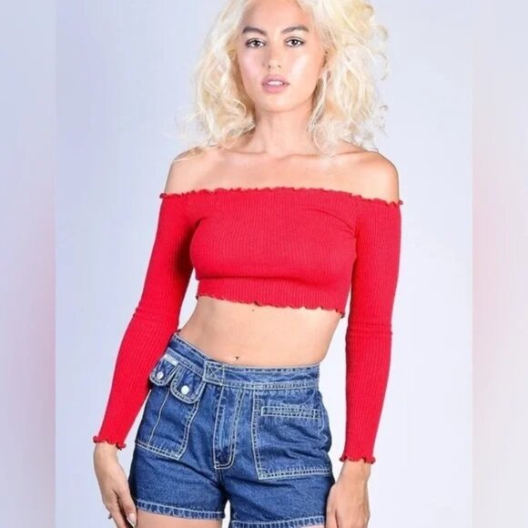 Missguided, size 4, off the shoulder long sleeve crop top. Cherry red - Picture 1 of 9